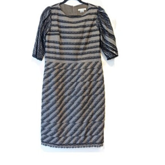 Oscar de la Renta Wool Sheath Layered Dress Black and Gray Lace Edge Italy Sz 12 - Picture 1 of 13